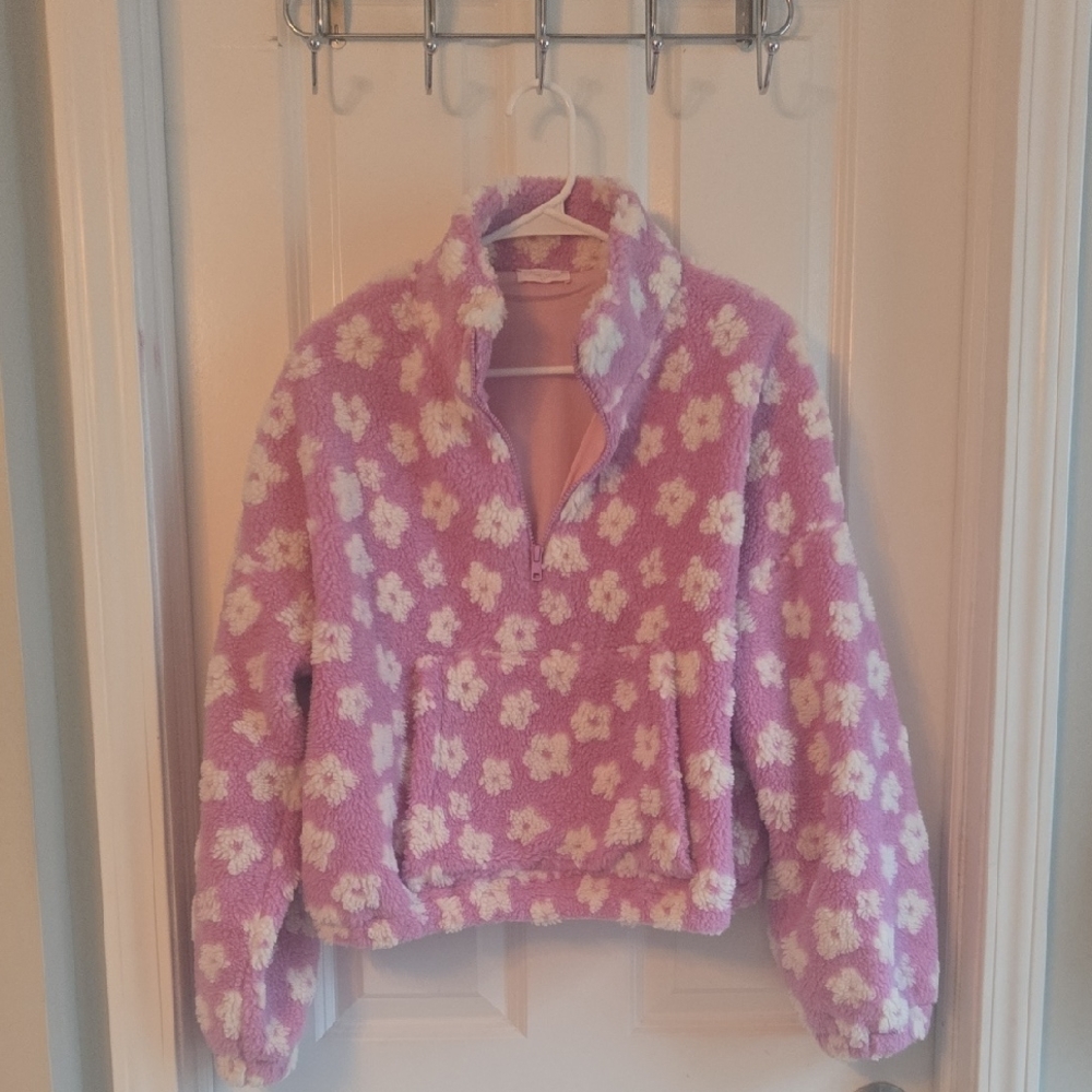 Pink Lily Purple and White Floral Sherpa Half-Zip Sweater